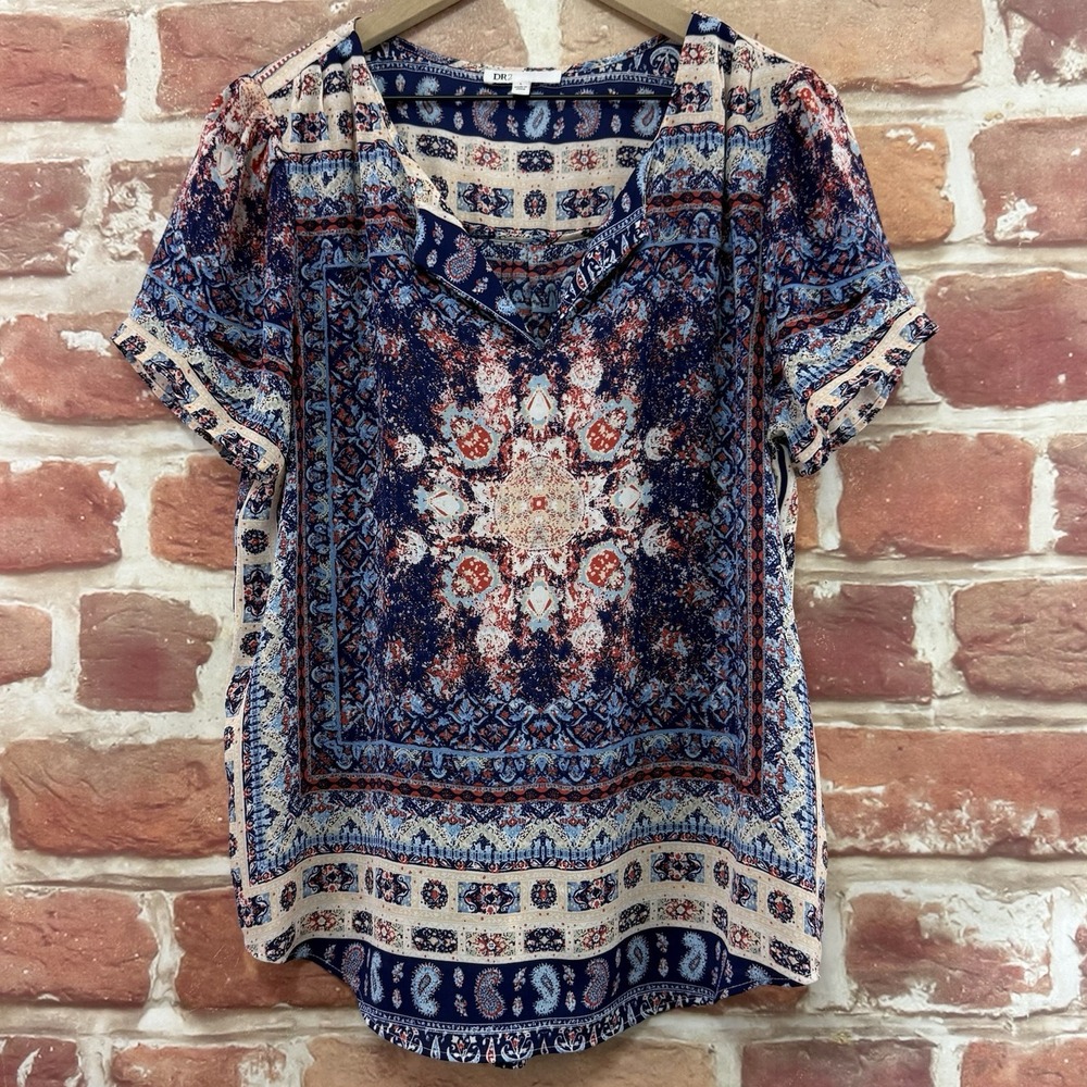 Anthropologie DR2 Top Women's L Multicolor Boho Floral Medallion Abstract Shirt